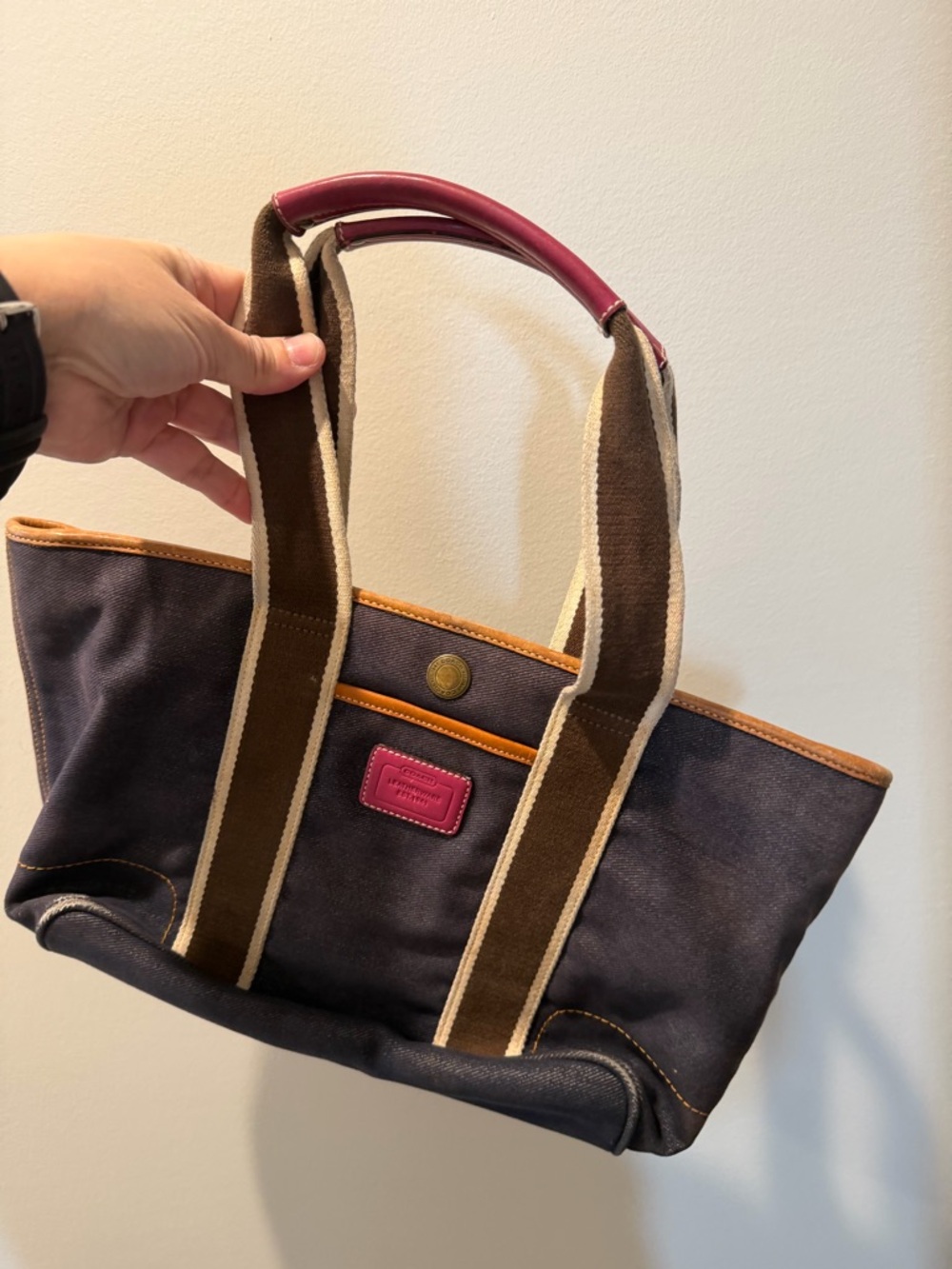 Coach Navy Canvas Tote with Pink Trim and Brown Straps